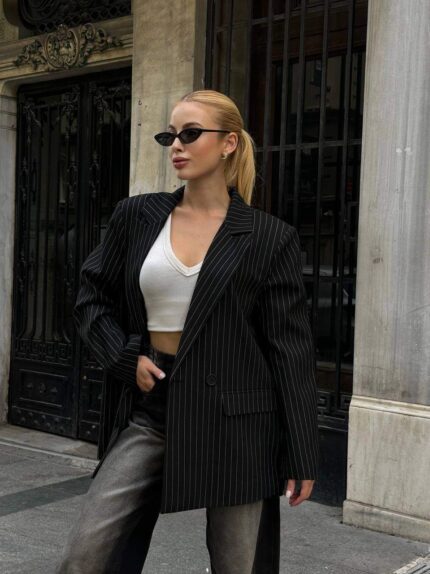 35001-3 POLİ VİSKON KALIN  ÇİZGİLİ CEKET SİYAH