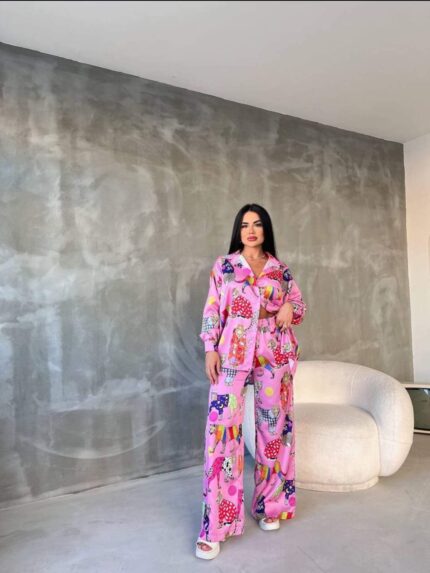 33071-26 SATEN GÖMLEK PANTOLON TAKIM-HAYVAN FİGÜR ŞEKER PEMBESİ