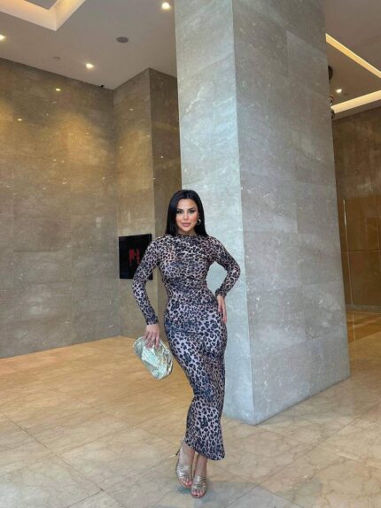 3660-2 SCUBA YANI BÜZGÜLÜ DESENLİ  ELBİSE HARDAL