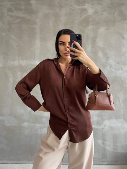 3836 ŞİFON SATEN GÖMLEK KAHVE