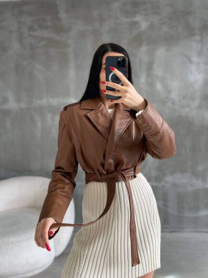 3611-1 TAKMA KOLLU DERİ TRENÇ KAHVE