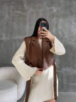 3611-1 TAKMA KOLLU DERİ TRENÇ KAHVE