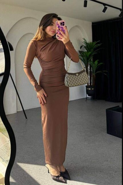 3660 UZUN KOLLU SCUBA ELBİSE KAHVE