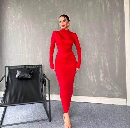 3660 UZUN KOLLU SCUBA ELBİSE KIRMIZI
