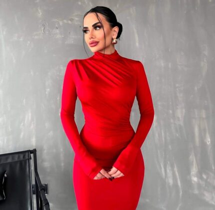 3660 UZUN KOLLU SCUBA ELBİSE KIRMIZI