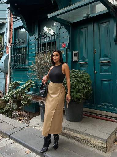 4046 YANDAN BAĞLAMALI  DERİ ETEK KOYU BEJ