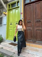 4046 YANDAN BAĞLAMALI  DERİ ETEK SİYAH