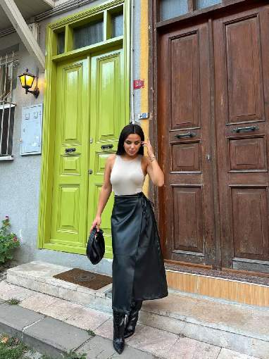 4046 YANDAN BAĞLAMALI  DERİ ETEK SİYAH