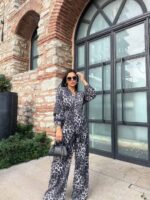 831 YANDAN BAĞLAMALI LEOPAR TAKIM EKRU - SİYAH