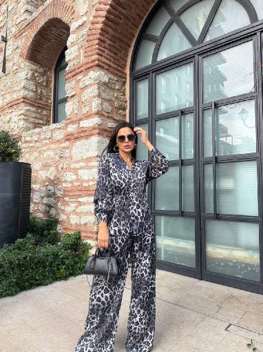 831 YANDAN BAĞLAMALI LEOPAR TAKIM EKRU - SİYAH