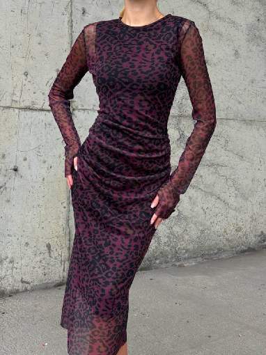 3535 YANI BÜZGÜLÜ TÜLLÜ ELBİSE MOR