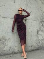 3535 YANI BÜZGÜLÜ TÜLLÜ ELBİSE BEJ-MOR