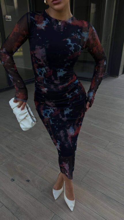 3535 YANI BÜZGÜLÜ TÜLLÜ ELBİSE VİŞNE ÇÜRÜĞÜ