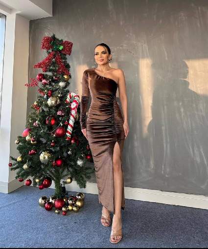 3738 YARIM OMUZ KADİFE ELBİSE ACI KAHVE