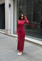 1081 DANTEL ASTAR ELBİSE BORDO