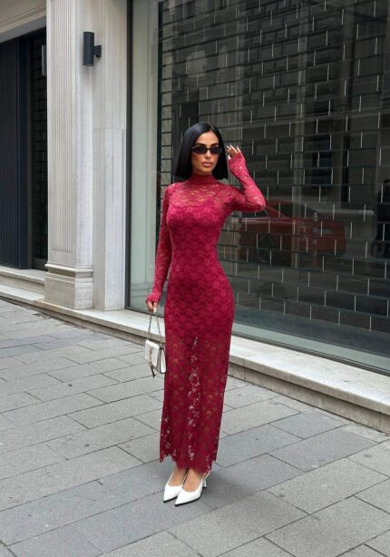 1081 DANTEL ASTAR ELBİSE BORDO