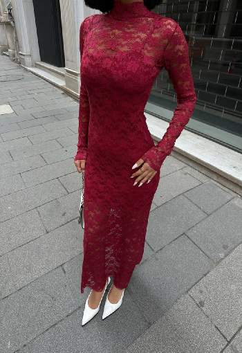 1081 DANTEL ASTAR ELBİSE BORDO