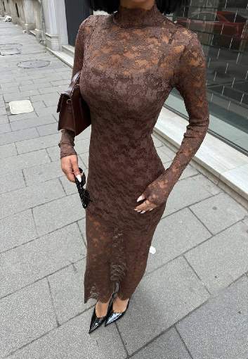 1081 DANTEL ASTAR ELBİSE KAHVE